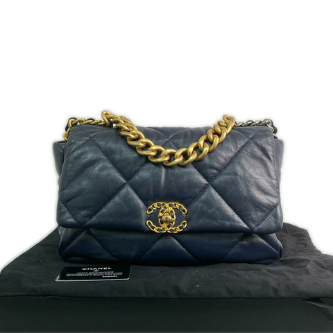 △ CHANEL 香奈兒 Navy Lambskin 19bag Ruthenium-Finish Gold-tone Silver-tone Metal  No.29 2 way bag 深藍色小羊皮鍍釕金色銀色金屬 No.29兩用袋 AS1161-267012663