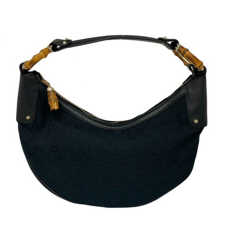 ☆ GUCCI 古馳 Black Calfskin Canvas Bamboo Shoulder Bag 黑色小牛皮帆布竹柄肩背包 137577-267012855