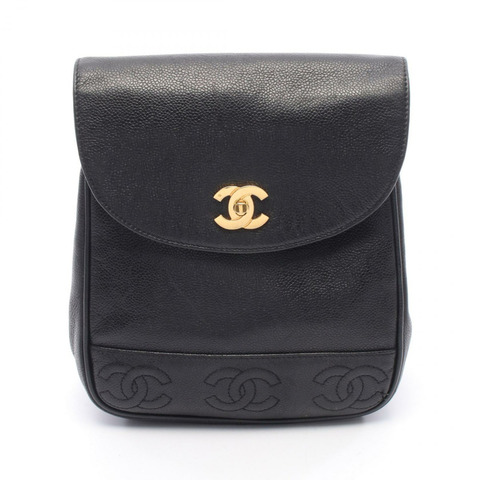 香奈兒 (CHANEL) 三重 COCO 標誌雙肩包，黑色小牛皮，二手，金色五金