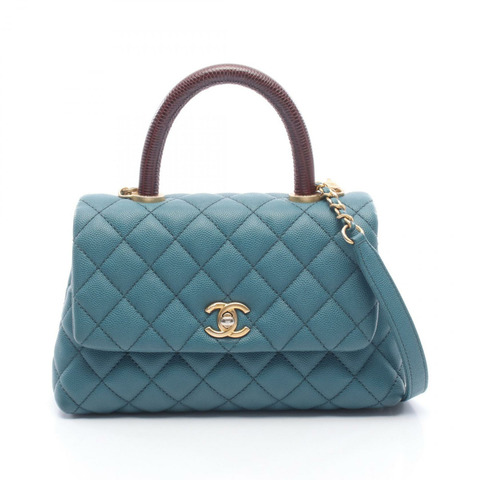 香奈兒 Coco Handle Flap Matelasse 2WAY 手提包 A92990 粒面小牛皮 異國皮革 綠色 棕色 二手