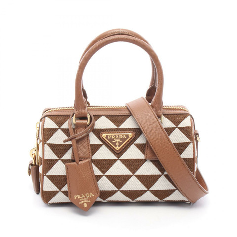 PRADA TRIANGOLO JACQU 2WAY 手提包 1BB846 帆布皮革棕色白色二手女款