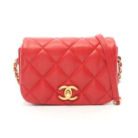 香奈兒 (CHANEL) 絎縫迷你鏈條肩背斜背包，羊皮材質，紅色，金色五金，二手 CC