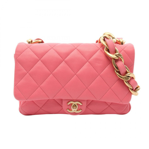 香奈兒 (CHANEL) 大號翻蓋絎縫鏈條肩背包 AS3215 粉紅皮革金色五金二手