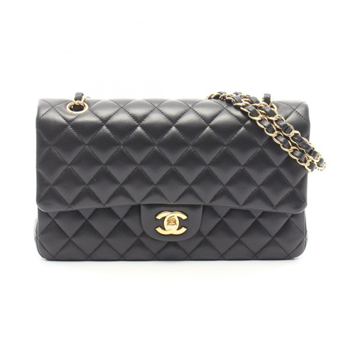 香奈兒 (CHANEL) Matelasse 雙蓋鏈條肩背包 A01112 羊皮黑色金色五金二手