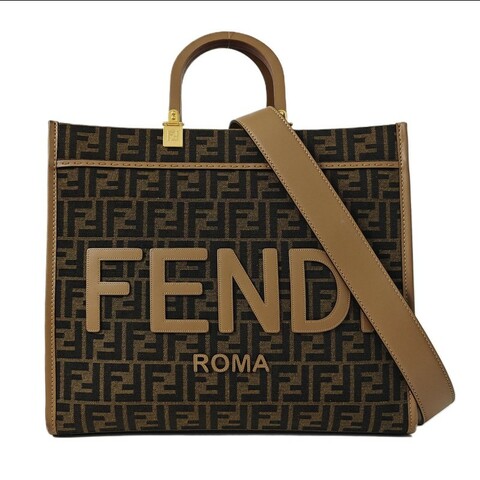FENDI Sunshine 中號 深棕色織物雙F單肩包手提包斜挎包 金色五金