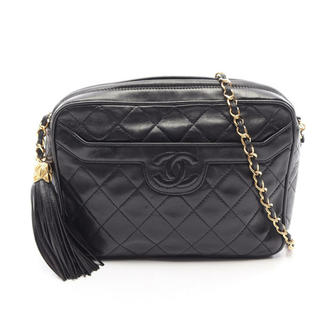 香奈兒 (CHANEL) 絎縫流蘇鏈條肩背包，羊皮材質，黑色，二手，金色五金配件，CC