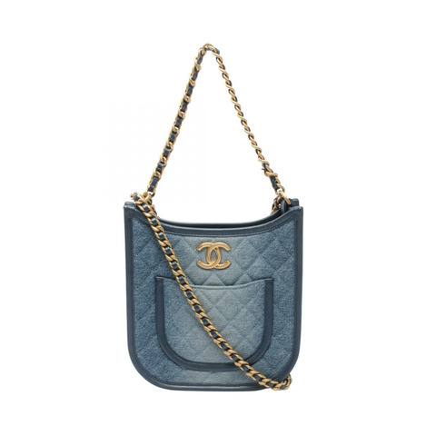 香奈兒 (CHANEL) 絎縫 Hobo 鏈條肩背包 AS4532 牛仔布藍色金色五金 二手 CC