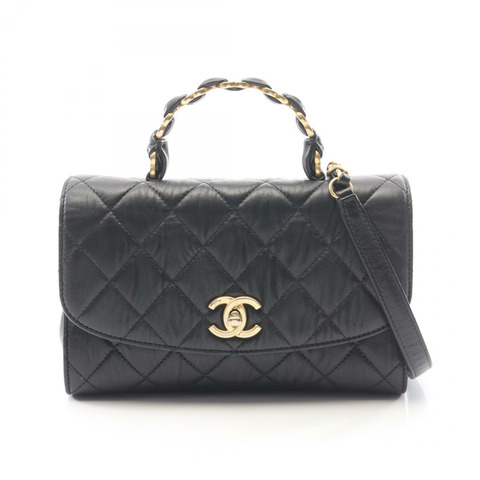 香奈兒 (CHANEL) 絎縫鏈條單肩手提包，黑色皮革，二手，女士，金色五金