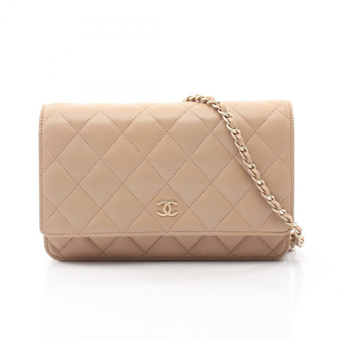 香奈兒 (CHANEL) 絎縫鏈條斜挎包，羊皮，米色，二手，女士，金色五金