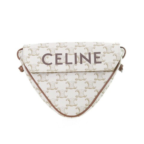 CELINE Triomphe復古秀款大Logo老花小牛皮拼皮革拼帆布三角包
