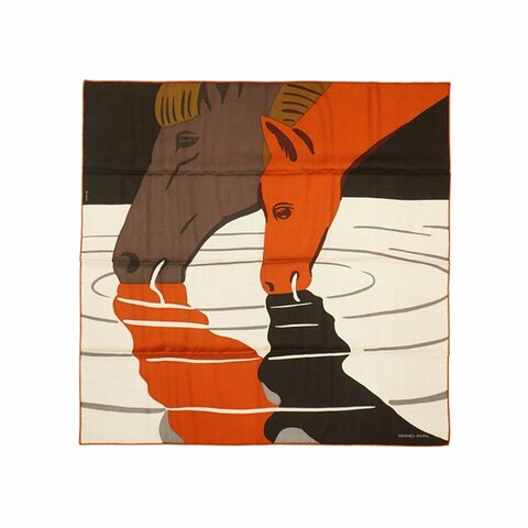 Hermes 展示品 喀什米爾混絲駿馬飲水圖騰絲巾/方巾-65cm(黑/米/咖)