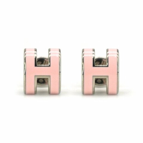 Hermes Pop H 立體簍空橢圓logo耳環-mini(粉/銀)