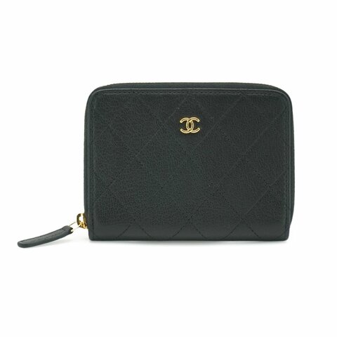 Chanel 菱格山羊皮金雙C拉鏈短夾(AP4918-黑)
