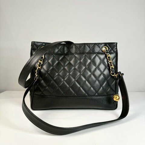 CHANEL Vintage 黑色 荔枝皮 金球 金鍊 鏈條 肩背包 托特包