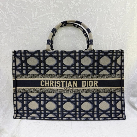 這是一隻 Dior 米色與藍色大型藤格紋刺繡 Book Tote。