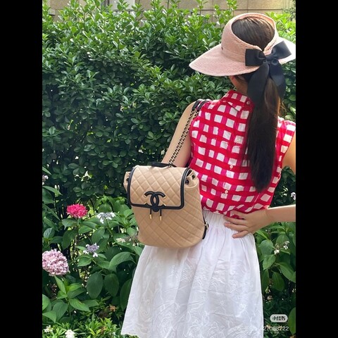 99新 Chanel香奈兒Vanity雙肩包 粉色拼黑色 金扣 荔枝皮