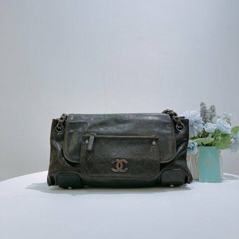 TW4919 Chanel 香奈兒 中古 荔枝皮 單肩袋Giazed Caviar Leather Pocket Shoulder Bag Dark Brown