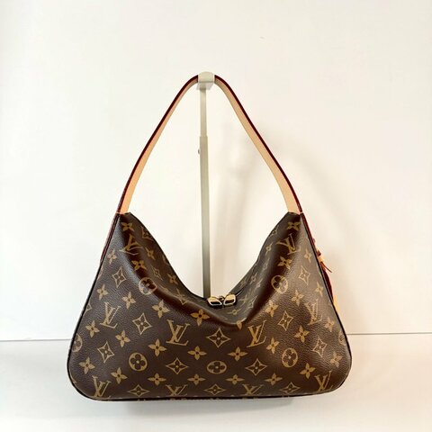 LV Slouchy PM 棕色 老花 拉鍊 肩背包 托特包 手提包 M11952