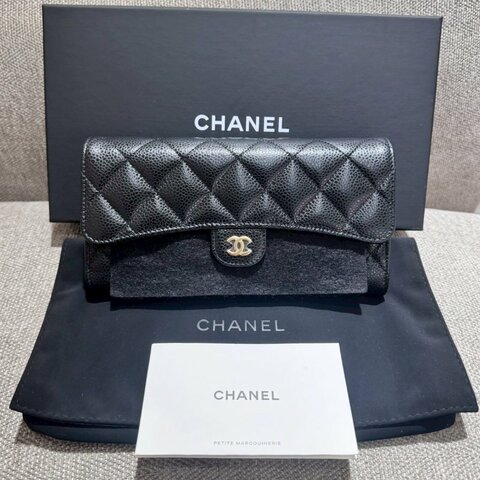 CHANEL 荔枝牛皮黑金翻蓋長夾