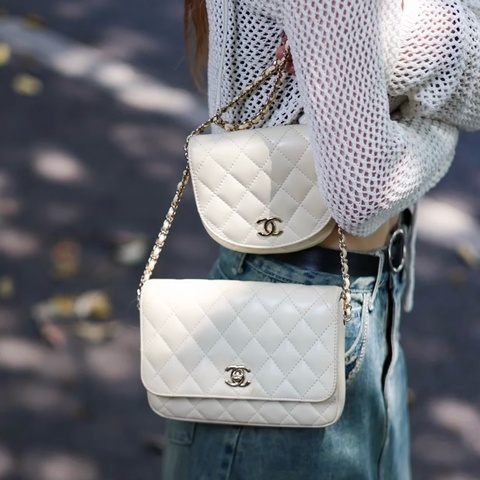 98新 Chanel香奈兒雙子星白金子母包 白色 金扣 羊皮