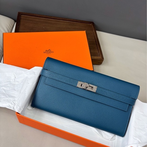 【近新閒置品】愛馬仕Hermes 深藍色銀扣Kelly長款錢包長夾 epsom皮A刻