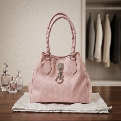 【99%新 / 絕美保存品】Vintage Dior 中古粉色老花芭蕾綁帶托特包 🎀