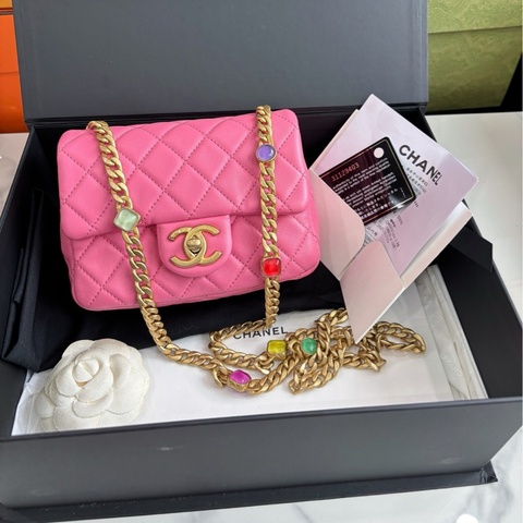 【近新閒置品】香奈兒Chanel 彩色琉璃寶石鏈條包方胖子單肩斜背包，31開有卡