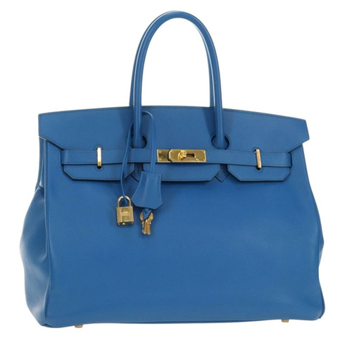 愛馬仕 Birkin 35 手提包，藍色金色皮革，正品，貨號 188015SM