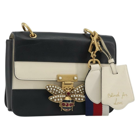 GUCCI Queen Margaret Bee 皮革手袋 黑色金色 476542 正品 bs35819V