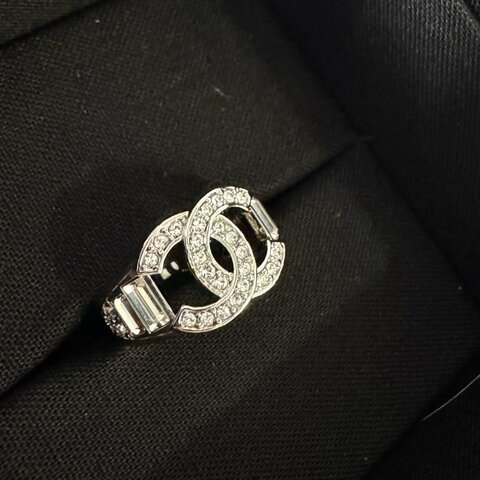 CHANEL CC Logo 銀色 水鑽 水晶 戒指 52號 ABF782