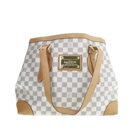 LOUIS VUITTON 徽標格子圖案塗層帆布拼皮革托特包Tote包購物袋手提單肩包中號女款白色