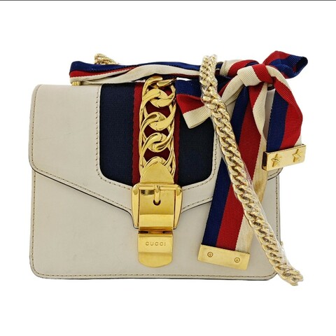 GUCCI Sylvie 迷你 白色牛皮條紋織帶 塞爾維亞
