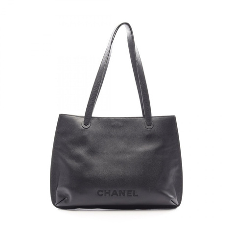 香奈兒 (CHANEL) Logo 手提單肩包，粒面小牛皮，黑色，金色五金，二手，女士，Coco 款