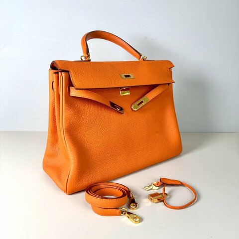 HERMES KELLY 35 愛馬仕橘 金釦 togo皮 內縫 X刻