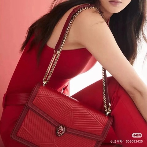 【威選精品】❤️ BVLGARI Serpenti 紅色金扣蛇頭肩背／斜背包