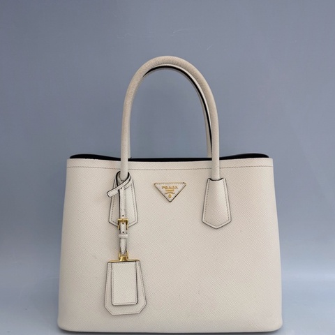 【95新】Prada/普拉達 Double bag 白色荔枝牛皮 托特單肩包 底長33cm