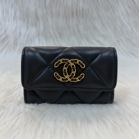CHANEL AP1790 19 黑色羊皮 金釦 短夾 卡夾 零錢包