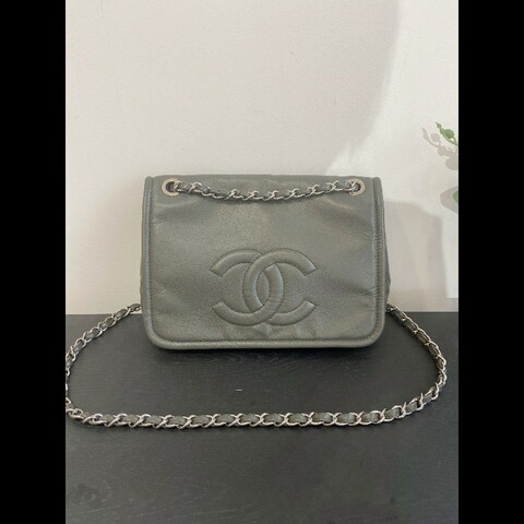 98新 Chanel香奈兒墨綠色 大logo鏈條包鐳射 銀扣 荔枝皮