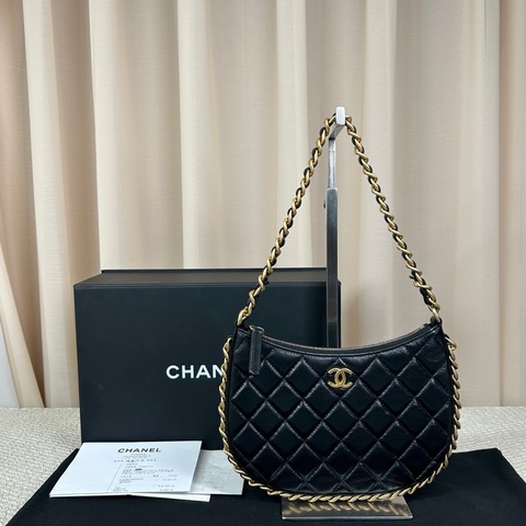 香奈兒Chanel黑金Hobo腋下包 98新 皮質細膩 黑色菱格紋羊皮