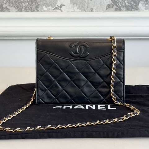 香奈兒Chanel Vintage 黑金羊皮鏈條包 信封包 經典菱格紋 金色五金