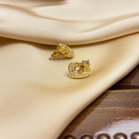 Dior 中古經典鏤空心形水鑽 CD Logo 金色針式耳環 耳釘 耳夾