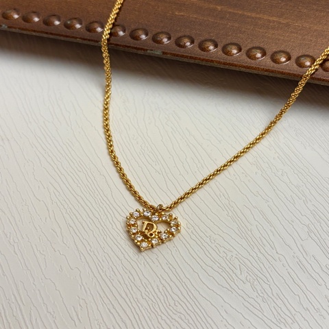 Dior 中古經典鏤空心形水鑽 CD Logo 金色 鍍金 項鏈 頸鍊