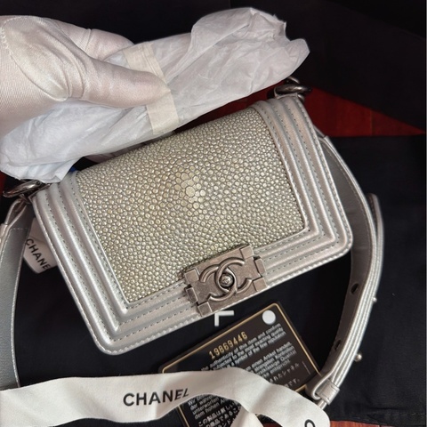 Chanel • 絕版金屬銀珍珠魚皮銀釦 Le Boy 20 小號 🈶保卡