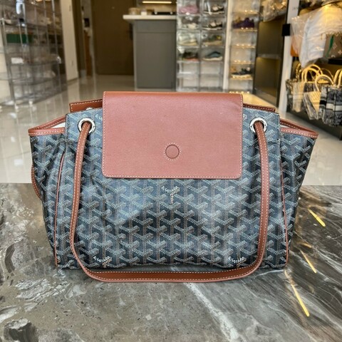 GOYARD 戈雅 Rouette 老花滿印翻蓋 帆布拼皮 手提包 小號 黑棕色