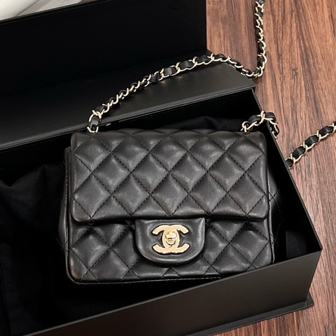 CHANEL CF17 方胖包 羊皮黑淡金 A35200/晶片款
