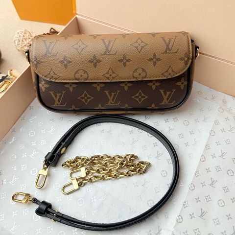 LV 路易威登Wallet On Chain Ivy老花拼色 芯片款單肩包腋下包手提包斜背包