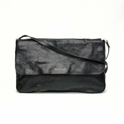 BALENCIAGA 黑色牛皮銀扣Grungy郵差單肩包肩背包