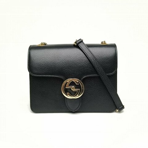 GUCCI Interlock風琴包小號黑色牛皮金扣肩背包