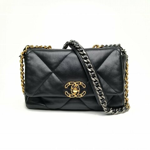 CHANEL 19BAG口蓋包小號黑色羊皮晶片金銀扣肩背包