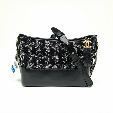 CHANEL GABRIELLE流浪新中號黑色毛呢30開金銀扣肩背包